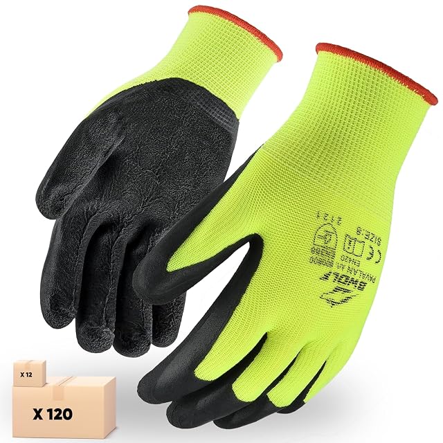 Doce pares de guantes de trabajo amarillos con palmas de látex negro