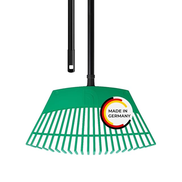 Rastrillo de abanico verde para hojas con mango negro