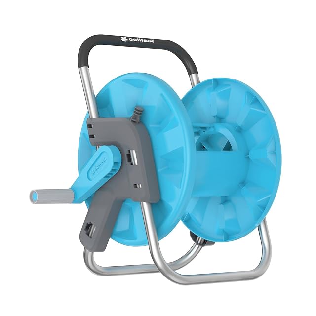 Soporte de aluminio para manguera de jardín con asa engomada