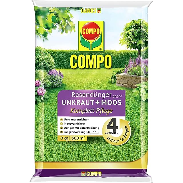 Abono para césped COMPO cuidado completo con herbicida y antimusgo