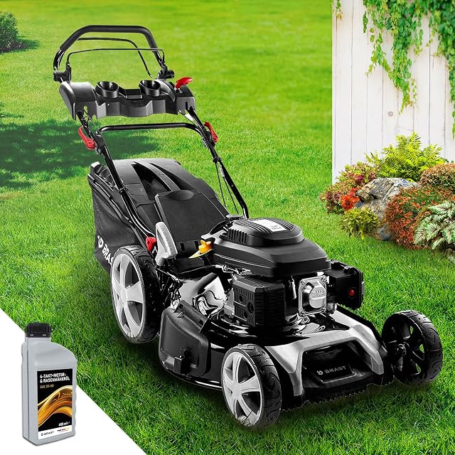 Cortacésped de gasolina BRAST con chasis de acero de 55 cm, tracción trasera y bolsa de 60 litros
