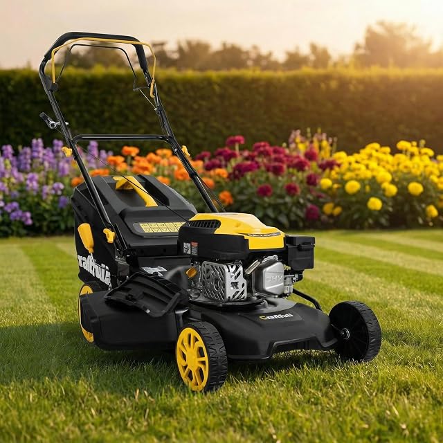 Cortacésped de gasolina autopropulsado Craftfull CR-139-30 amarillo con recogedor de hierba